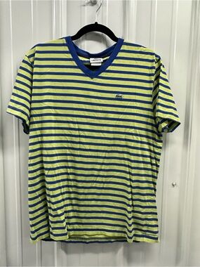 Lacoste Men’s Lime Green & Royal Blue Striped V-Neck Tee